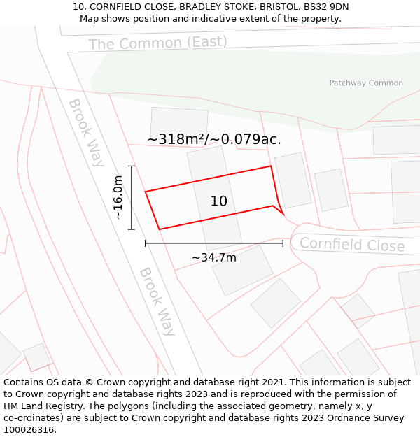 10, CORNFIELD CLOSE, BRADLEY STOKE, BRISTOL, BS32 9DN: Plot and title map