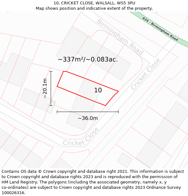 10, CRICKET CLOSE, WALSALL, WS5 3PU: Plot and title map