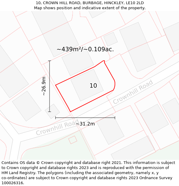 10, CROWN HILL ROAD, BURBAGE, HINCKLEY, LE10 2LD: Plot and title map