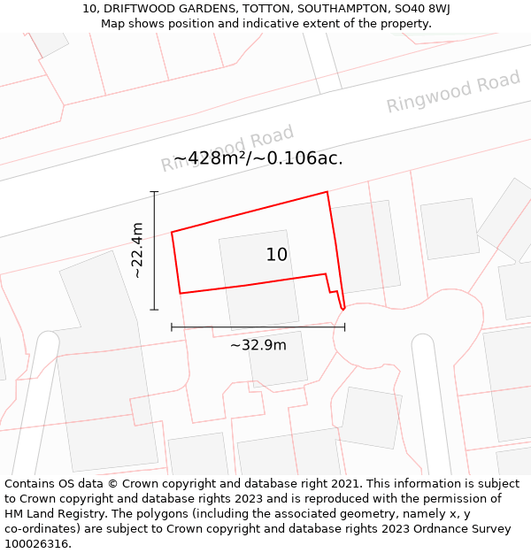 10, DRIFTWOOD GARDENS, TOTTON, SOUTHAMPTON, SO40 8WJ: Plot and title map