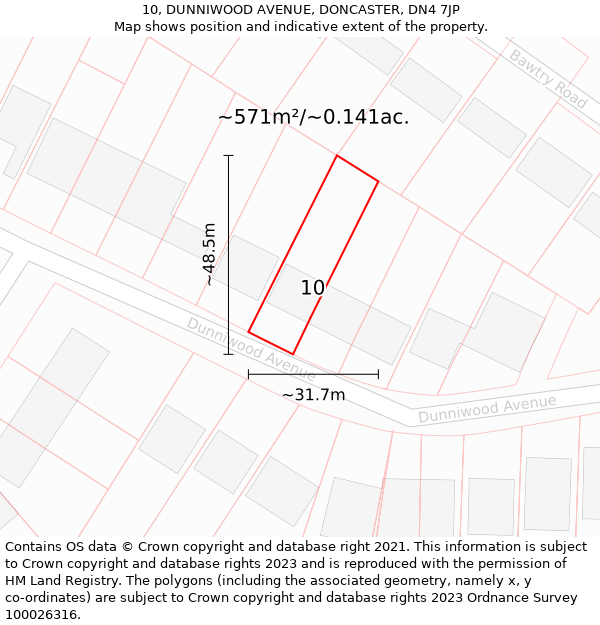 10, DUNNIWOOD AVENUE, DONCASTER, DN4 7JP: Plot and title map