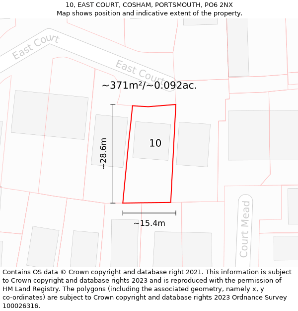 10, EAST COURT, COSHAM, PORTSMOUTH, PO6 2NX: Plot and title map