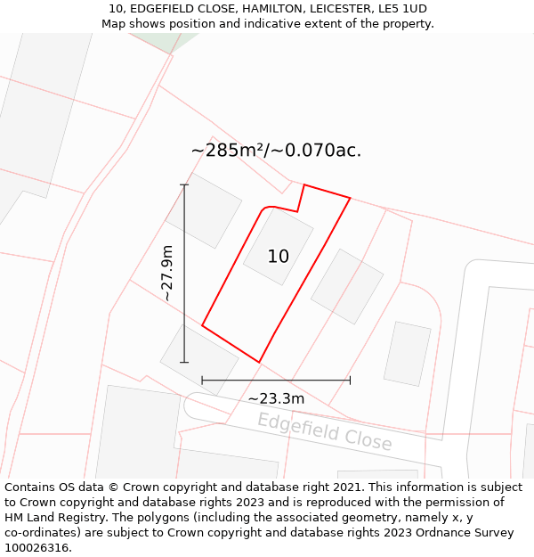 10, EDGEFIELD CLOSE, HAMILTON, LEICESTER, LE5 1UD: Plot and title map