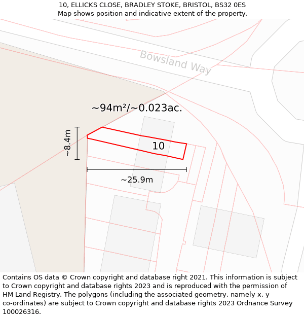 10, ELLICKS CLOSE, BRADLEY STOKE, BRISTOL, BS32 0ES: Plot and title map