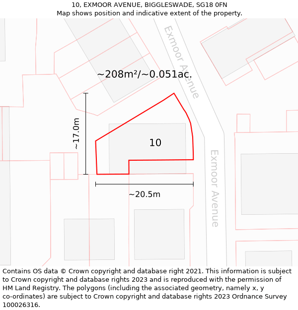 10, EXMOOR AVENUE, BIGGLESWADE, SG18 0FN: Plot and title map