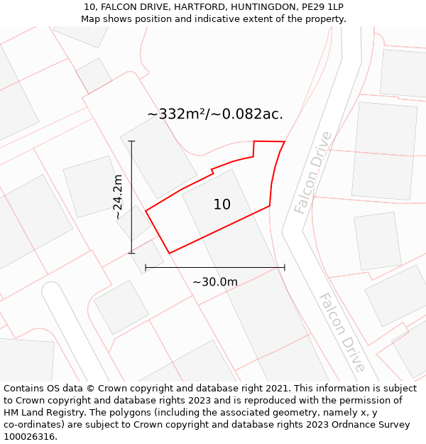 10, FALCON DRIVE, HARTFORD, HUNTINGDON, PE29 1LP: Plot and title map