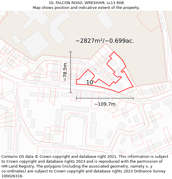 10, FALCON ROAD, WREXHAM, LL13 9AB: Plot and title map