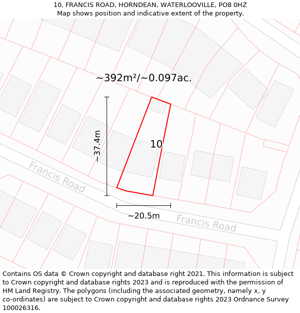 10, FRANCIS ROAD, HORNDEAN, WATERLOOVILLE, PO8 0HZ: Plot and title map