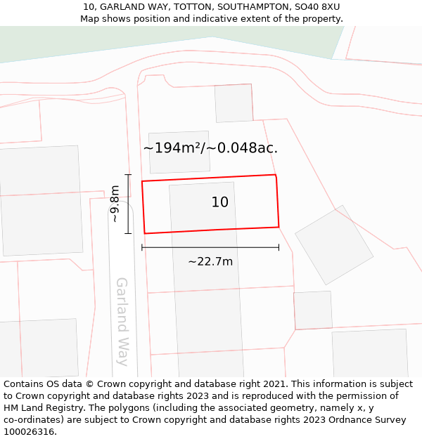 10, GARLAND WAY, TOTTON, SOUTHAMPTON, SO40 8XU: Plot and title map