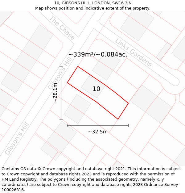 10, GIBSONS HILL, LONDON, SW16 3JN: Plot and title map
