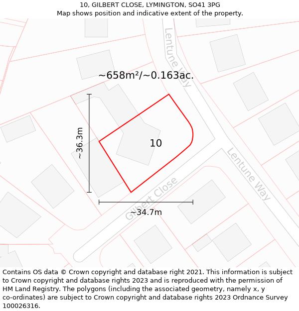 10, GILBERT CLOSE, LYMINGTON, SO41 3PG: Plot and title map