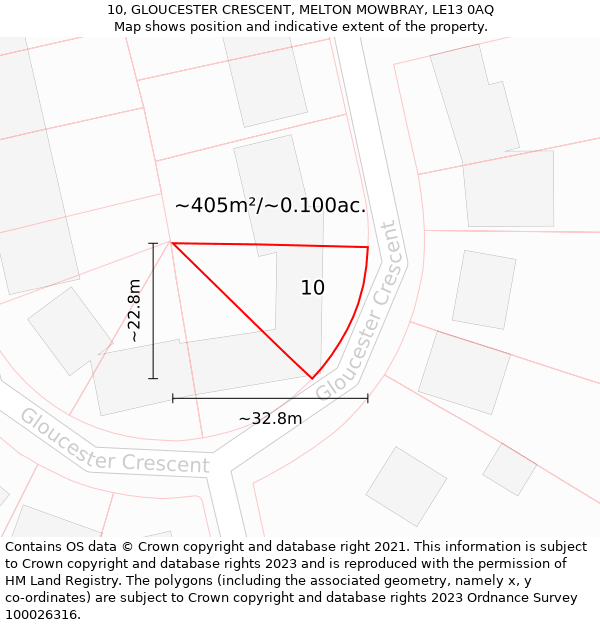 10, GLOUCESTER CRESCENT, MELTON MOWBRAY, LE13 0AQ: Plot and title map