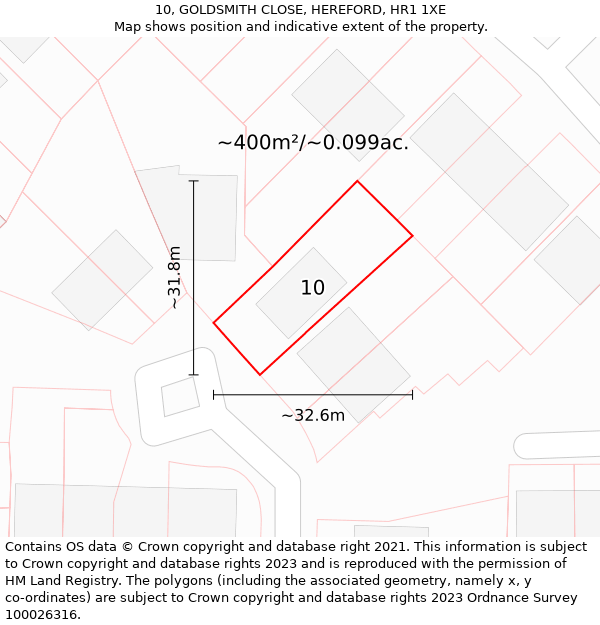 10, GOLDSMITH CLOSE, HEREFORD, HR1 1XE: Plot and title map