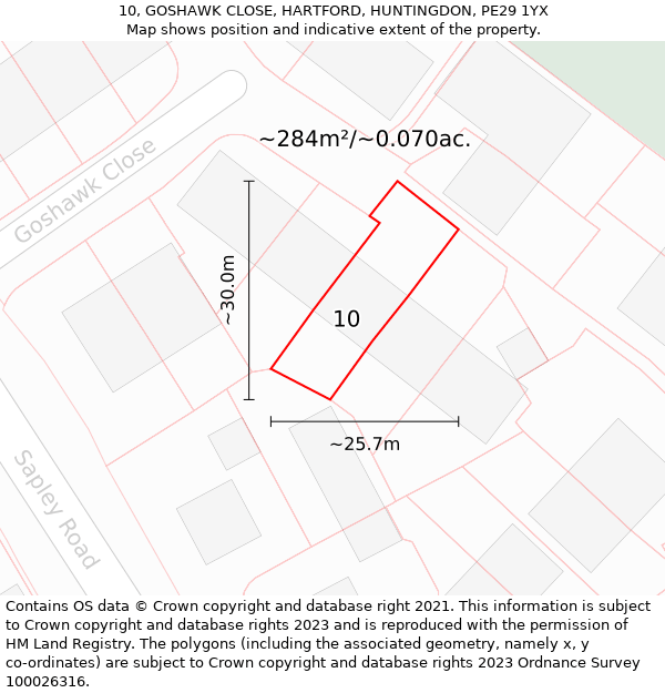 10, GOSHAWK CLOSE, HARTFORD, HUNTINGDON, PE29 1YX: Plot and title map