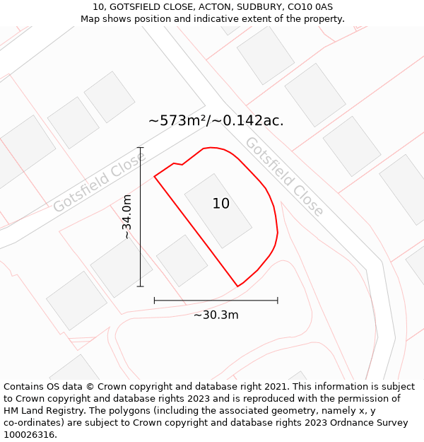 10, GOTSFIELD CLOSE, ACTON, SUDBURY, CO10 0AS: Plot and title map