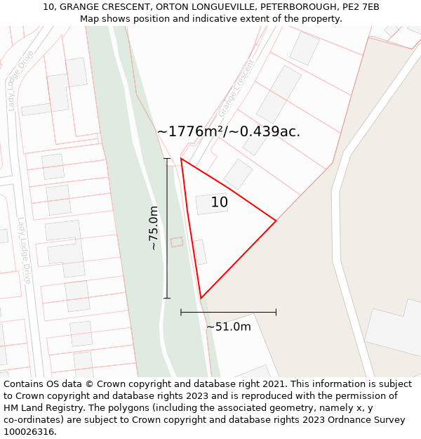 10, GRANGE CRESCENT, ORTON LONGUEVILLE, PETERBOROUGH, PE2 7EB: Plot and title map