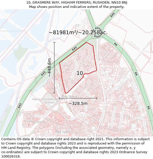 10, GRASMERE WAY, HIGHAM FERRERS, RUSHDEN, NN10 8NJ: Plot and title map