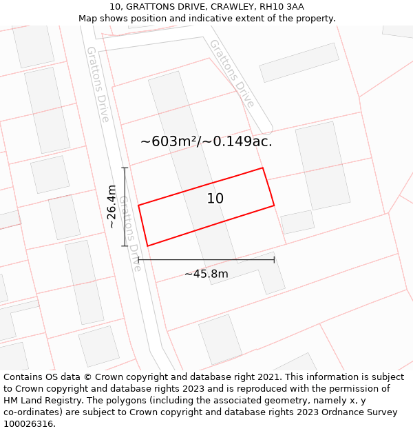 10, GRATTONS DRIVE, CRAWLEY, RH10 3AA: Plot and title map