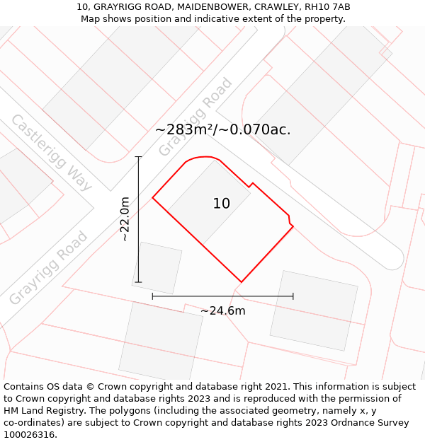 10, GRAYRIGG ROAD, MAIDENBOWER, CRAWLEY, RH10 7AB: Plot and title map