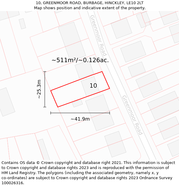 10, GREENMOOR ROAD, BURBAGE, HINCKLEY, LE10 2LT: Plot and title map