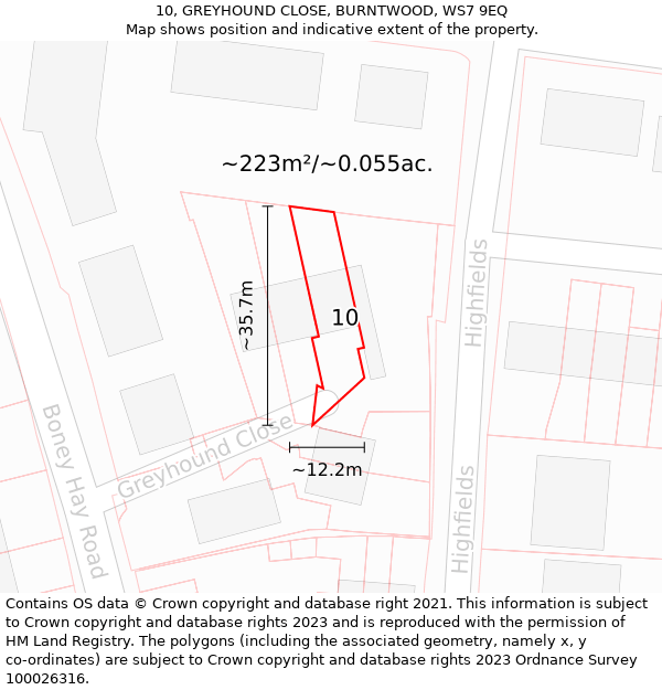 10, GREYHOUND CLOSE, BURNTWOOD, WS7 9EQ: Plot and title map