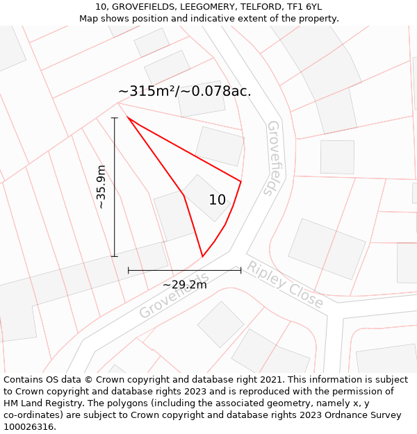 10, GROVEFIELDS, LEEGOMERY, TELFORD, TF1 6YL: Plot and title map