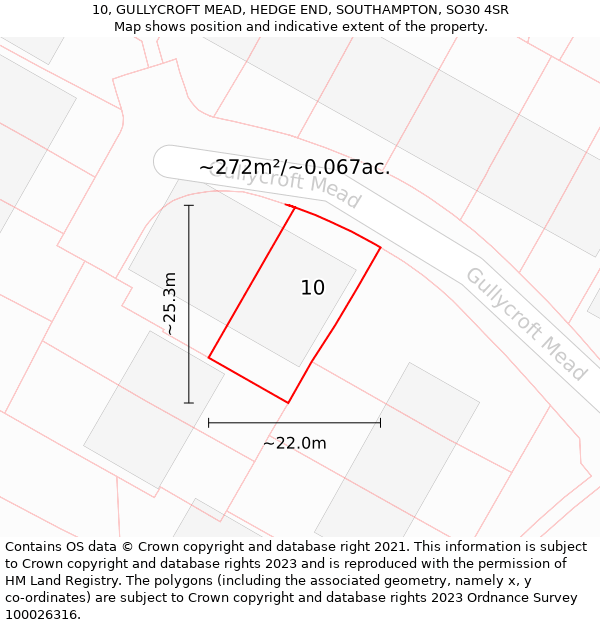 10, GULLYCROFT MEAD, HEDGE END, SOUTHAMPTON, SO30 4SR: Plot and title map