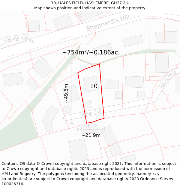 10, HALES FIELD, HASLEMERE, GU27 2JU: Plot and title map