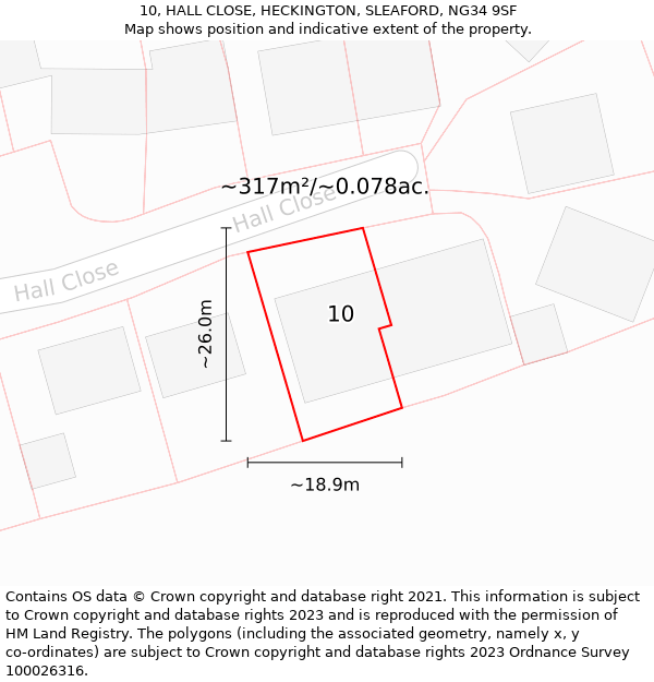 10, HALL CLOSE, HECKINGTON, SLEAFORD, NG34 9SF: Plot and title map