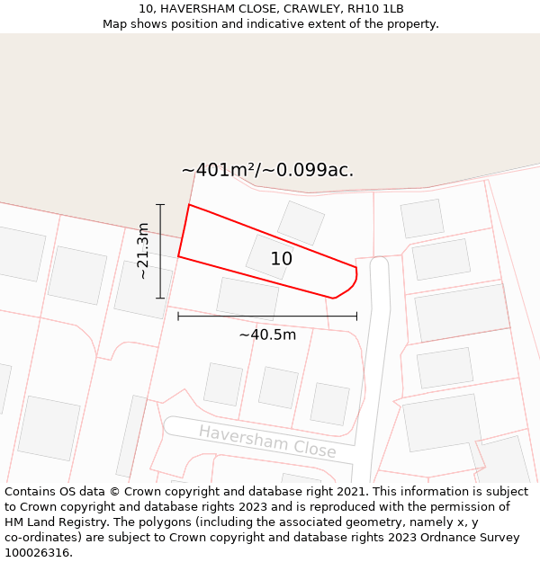 10, HAVERSHAM CLOSE, CRAWLEY, RH10 1LB: Plot and title map