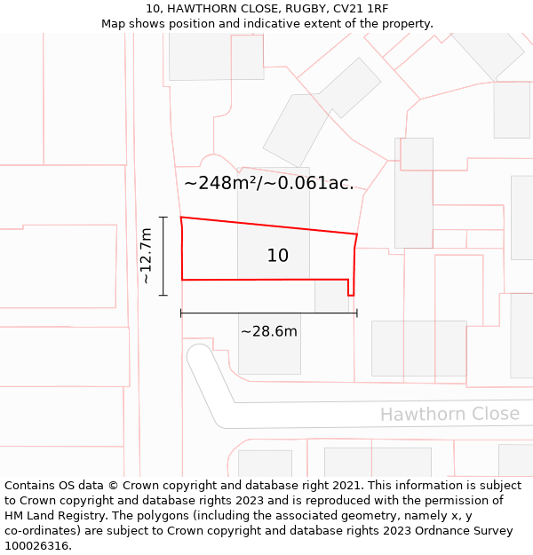 10, HAWTHORN CLOSE, RUGBY, CV21 1RF: Plot and title map