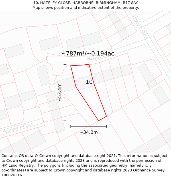 10, HAZELEY CLOSE, HARBORNE, BIRMINGHAM, B17 8AY: Plot and title map