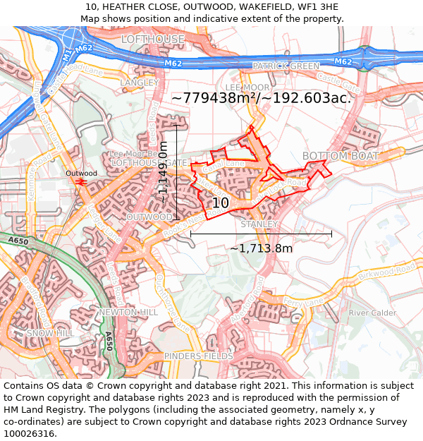 10, HEATHER CLOSE, OUTWOOD, WAKEFIELD, WF1 3HE: Plot and title map