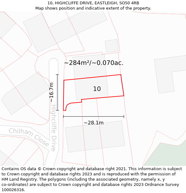 10, HIGHCLIFFE DRIVE, EASTLEIGH, SO50 4RB: Plot and title map