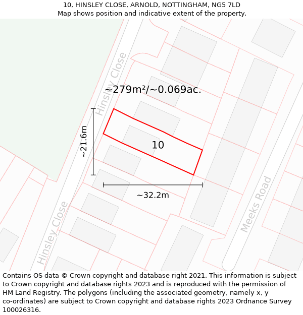 10, HINSLEY CLOSE, ARNOLD, NOTTINGHAM, NG5 7LD: Plot and title map