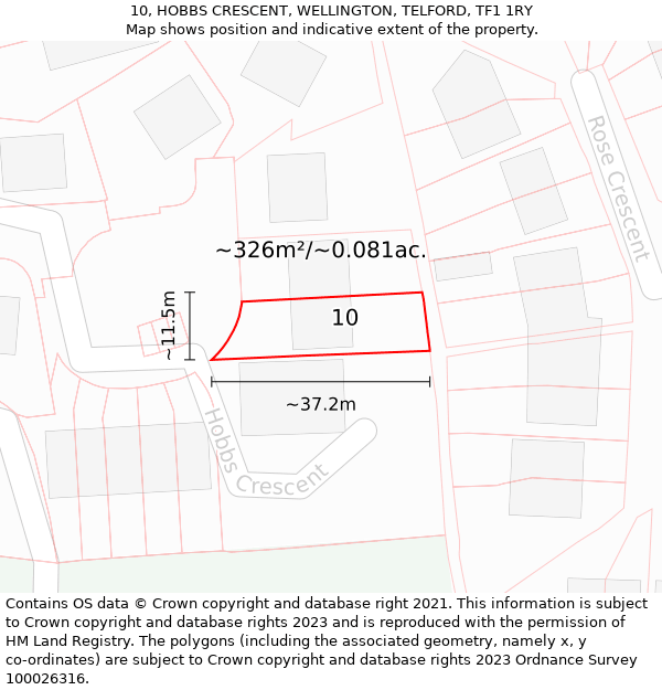 10, HOBBS CRESCENT, WELLINGTON, TELFORD, TF1 1RY: Plot and title map