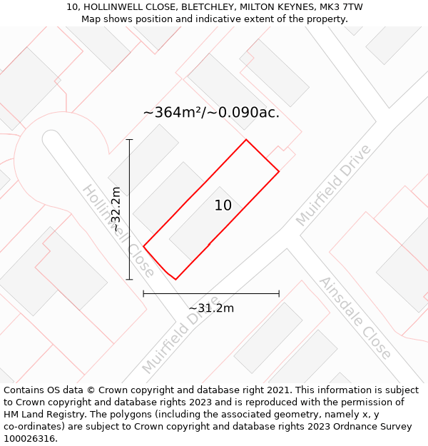 10, HOLLINWELL CLOSE, BLETCHLEY, MILTON KEYNES, MK3 7TW: Plot and title map