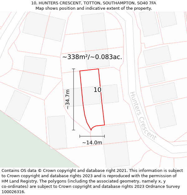 10, HUNTERS CRESCENT, TOTTON, SOUTHAMPTON, SO40 7FA: Plot and title map