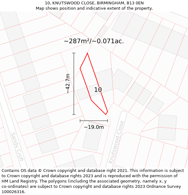 10, KNUTSWOOD CLOSE, BIRMINGHAM, B13 0EN: Plot and title map