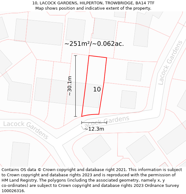 10, LACOCK GARDENS, HILPERTON, TROWBRIDGE, BA14 7TF: Plot and title map