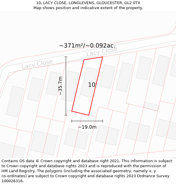 10, LACY CLOSE, LONGLEVENS, GLOUCESTER, GL2 0TX: Plot and title map