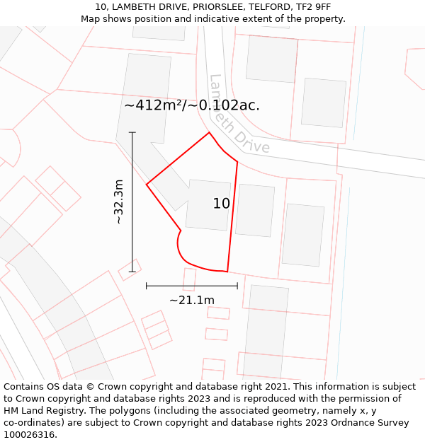 10, LAMBETH DRIVE, PRIORSLEE, TELFORD, TF2 9FF: Plot and title map