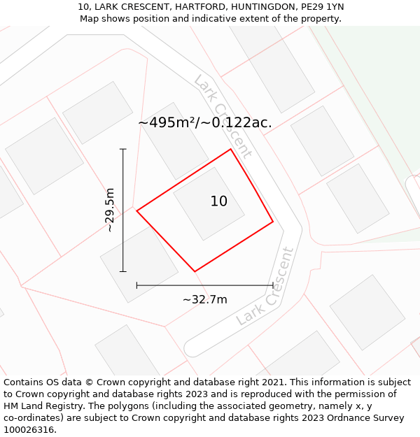 10, LARK CRESCENT, HARTFORD, HUNTINGDON, PE29 1YN: Plot and title map