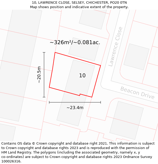 10, LAWRENCE CLOSE, SELSEY, CHICHESTER, PO20 0TN: Plot and title map