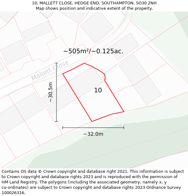 10, MALLETT CLOSE, HEDGE END, SOUTHAMPTON, SO30 2NH: Plot and title map