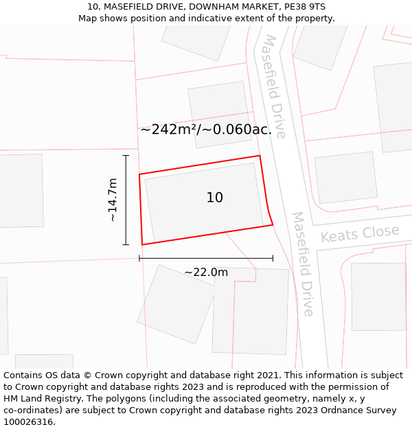 10, MASEFIELD DRIVE, DOWNHAM MARKET, PE38 9TS: Plot and title map