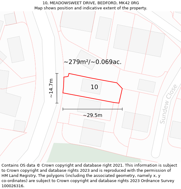 10, MEADOWSWEET DRIVE, BEDFORD, MK42 0RG: Plot and title map