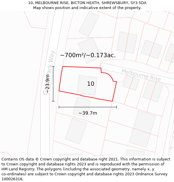 10, MELBOURNE RISE, BICTON HEATH, SHREWSBURY, SY3 5DA: Plot and title map