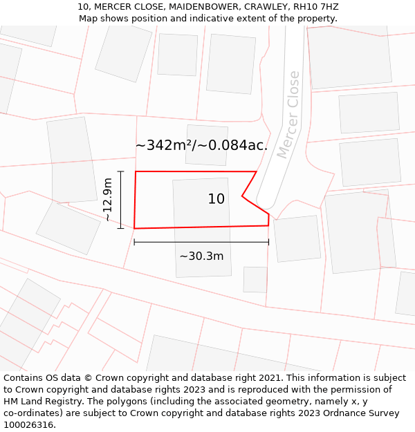 10, MERCER CLOSE, MAIDENBOWER, CRAWLEY, RH10 7HZ: Plot and title map