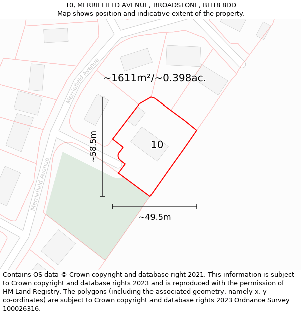 10, MERRIEFIELD AVENUE, BROADSTONE, BH18 8DD: Plot and title map